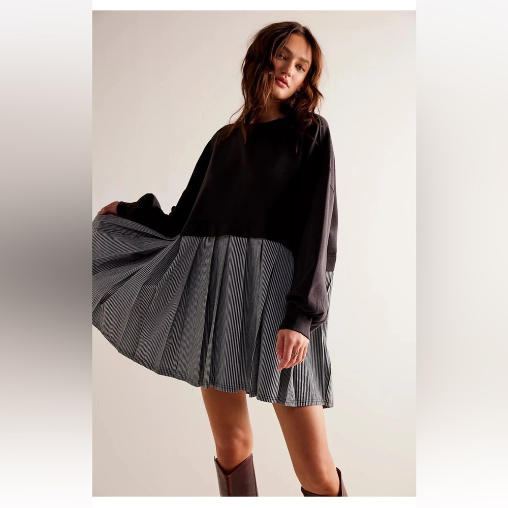 Free People Black and Gray Long Sleeve Dress